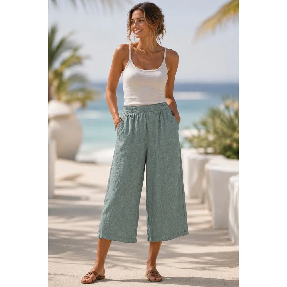 Resort Minimalist Sage Green Linen Wide Leg Pants Euro Summer Crop Size L Vaca